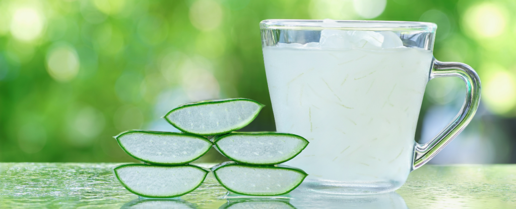 Jus d'aloe vera tasse et plante coupée